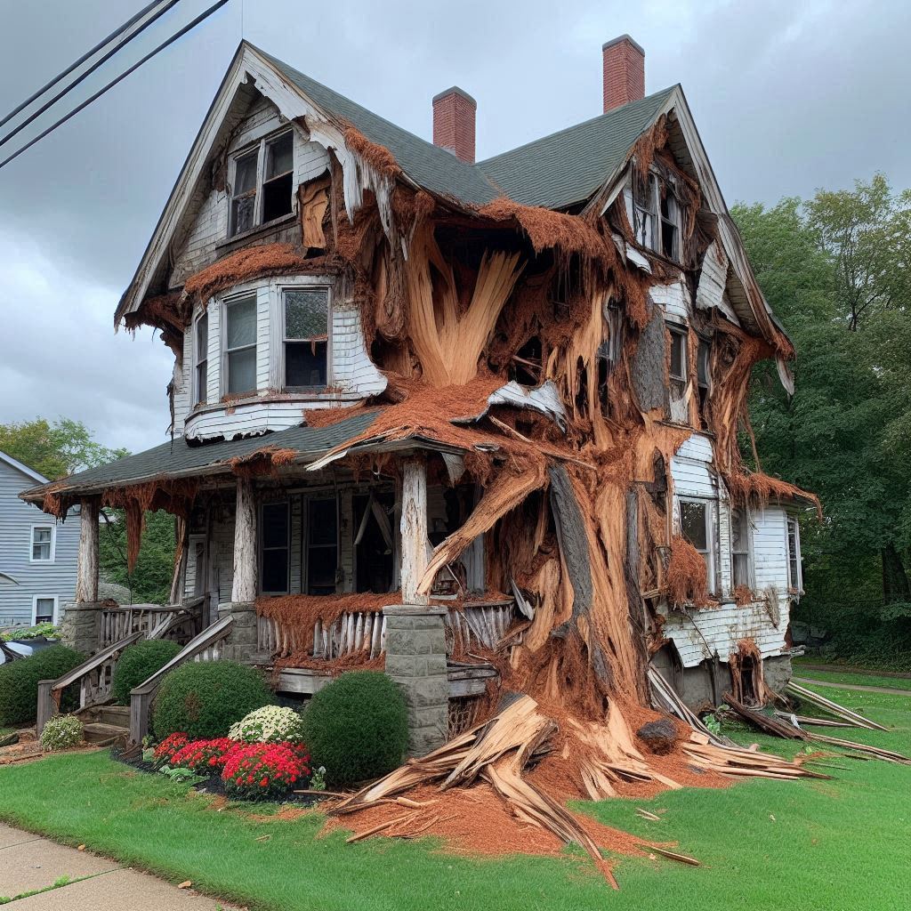 Damaged tree on an Beverly home showing signs of disease and decay